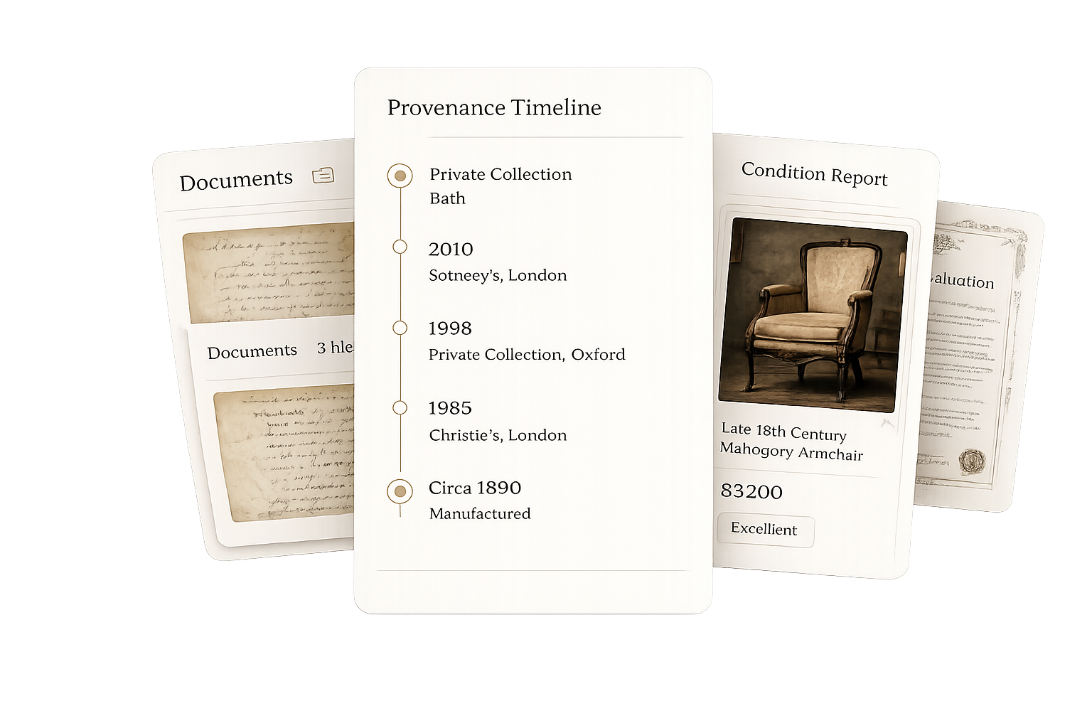 Digital antique passport showing provenance, documents, condition and valuation records