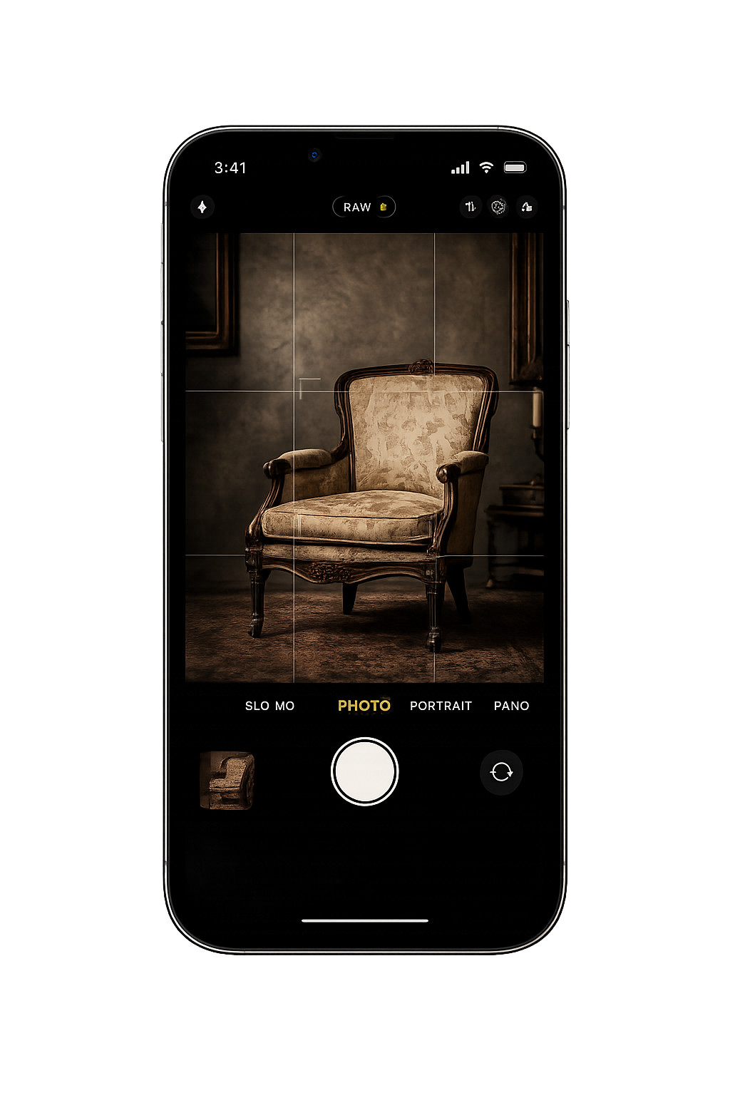 iPhone camera framing an antique armchair for inventory creation