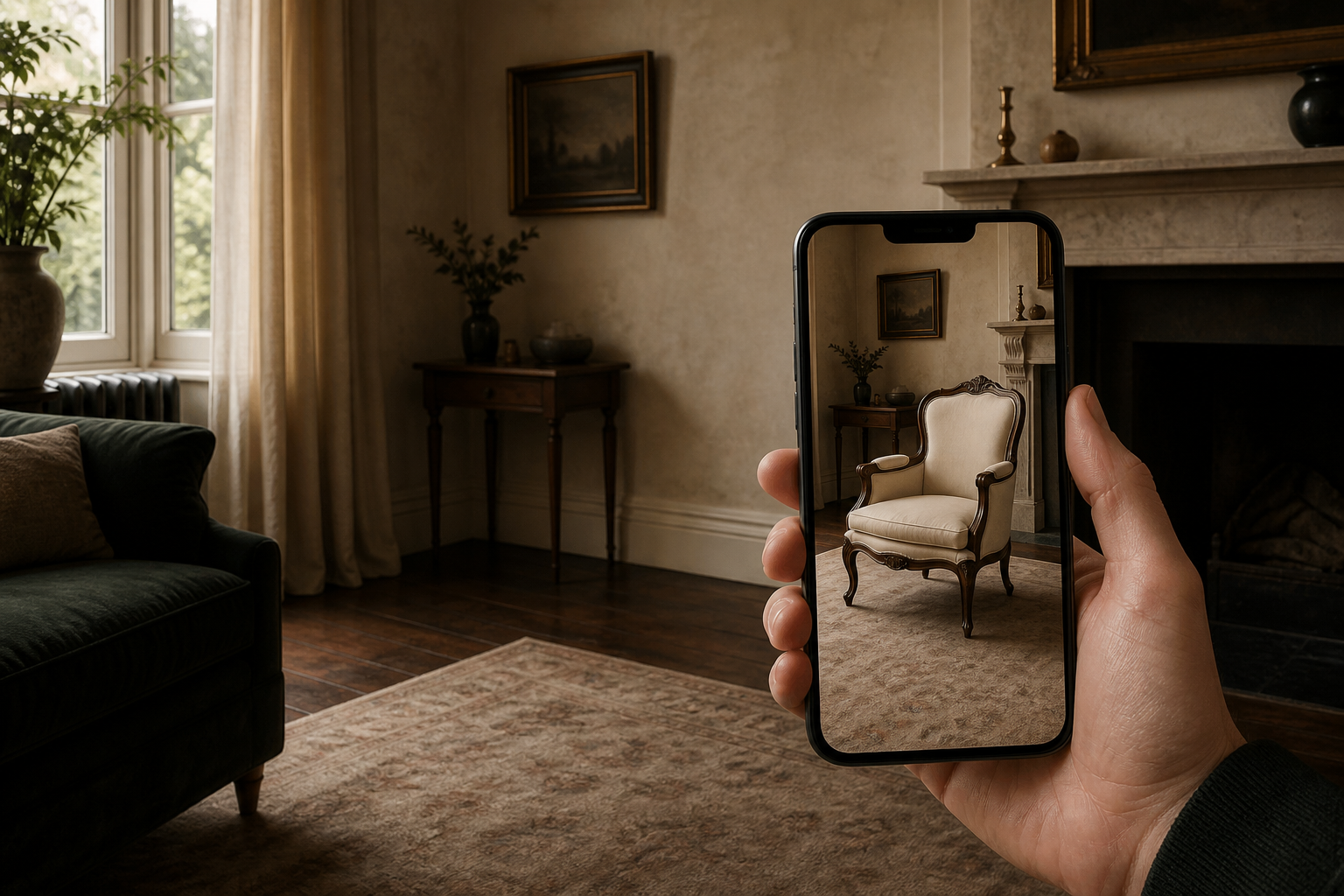 A customer previews an antique armchair in their sitting room using a phone